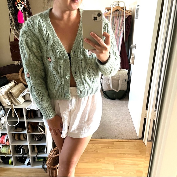 ZARA Cottage Mint Green Chunky Cableknit Floral Embroider Crop Cardigan Sweater - Picture 13 of 13